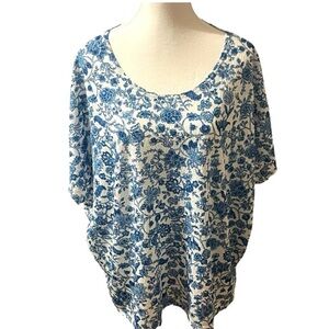 Erin Blair Flowing Crepe Short Sleeve Top Flowing Blouse Blue White Floral 2X
